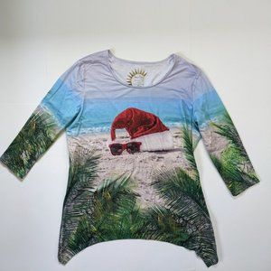 Womens Beach Santa Shirt XL Shark Bite Hem Santa Hat Sun Bay Florida Christmas